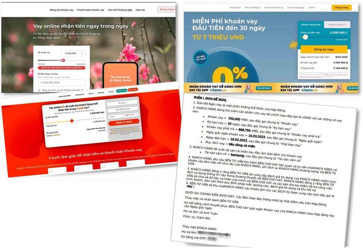 Cầm đồ trá hình, một đồng vốn sáu đồng lãi - Ảnh 1. Màn hình quảng cáo cho vay trong ngày tràn ngập trên mạng và “hợp đồng cầm đồ” lãi suất cắt cổ - Ảnh: MINH QUÂN