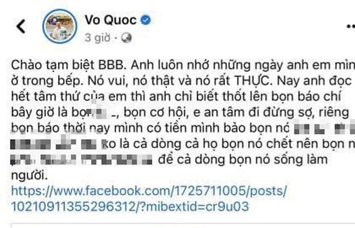 Đầu bếp Võ Quốc chửi cả làng báo rồi nói bị hack Facebook? - Ảnh 1. Nội dung đầu bếp nick name Vo Quoc đăng xúc phạm báo chí trên Facebook - Ảnh chụp màn hình