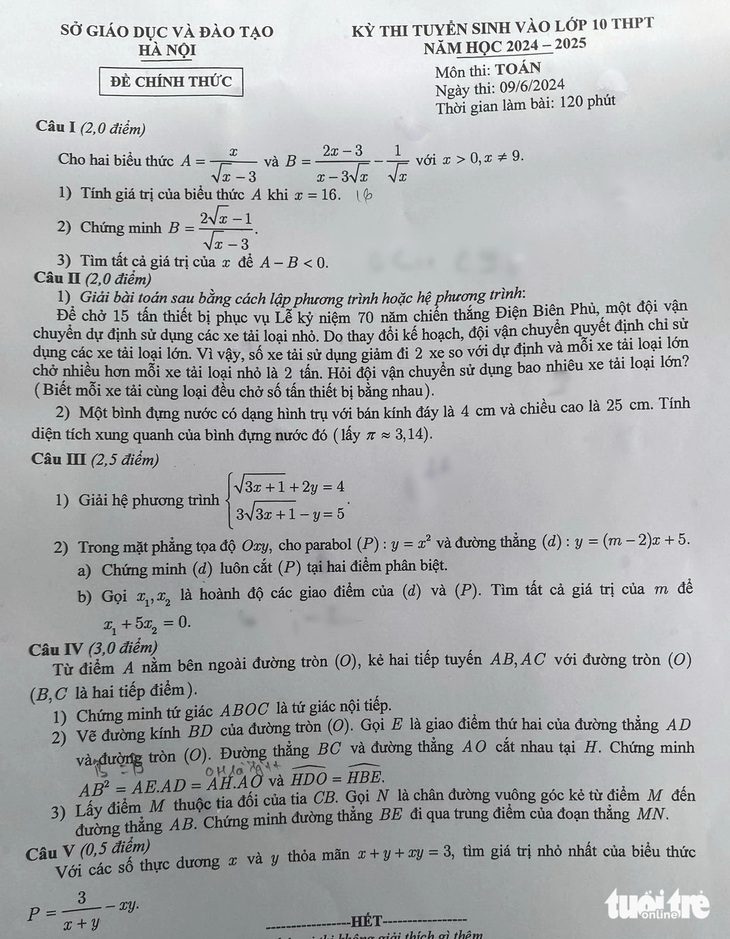 Đề thi toán lớp 10 Hà Nội: Thí sinh tự tin học khá dễ lấy điểm 8- Ảnh 1. Đề thi toán tuyển sinh lớp 10 Hà Nội - Ảnh: NGUYÊN BẢO