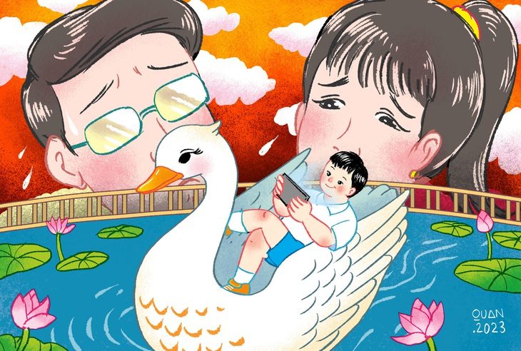 Con trẻ ôm điện thoại, cha mẹ ôm băn khoăn - Ảnh 1. Minh họa ĐẶNG HỒNG QUÂN